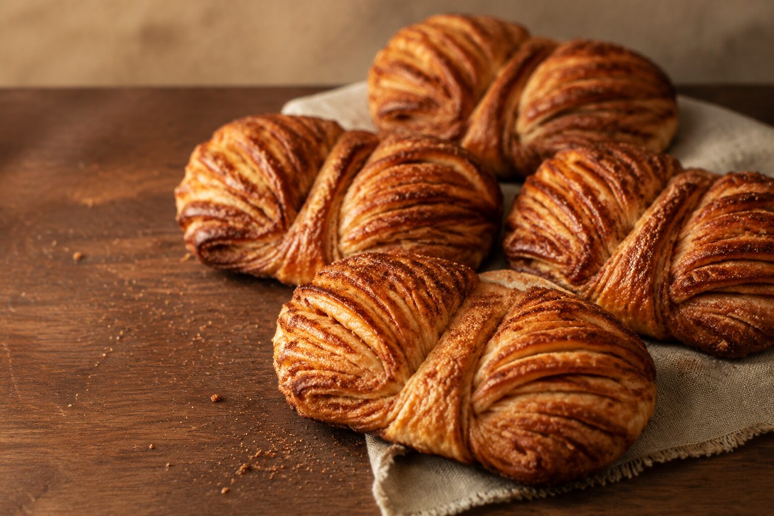 Golden Hamburg Franzbrötchen with a deeply pressed center, fanned laminated layers and caramelized cinnamon edges.