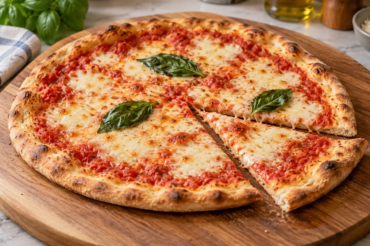 Freshly baked pizza with a thin base, airy rim, tomato, mozzarella and basil.